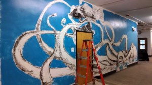 Finished with the rough application of the blue background.