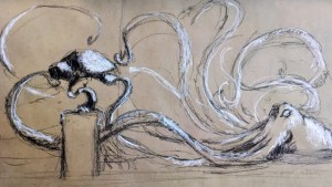 Value sketch with charcoal pencil and white conte on brown toned paper