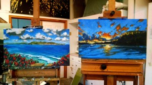 Machan commission, "Someone's Island Paradise 1&2" (unfinished pair), oil on linen, 14"x24", 2014