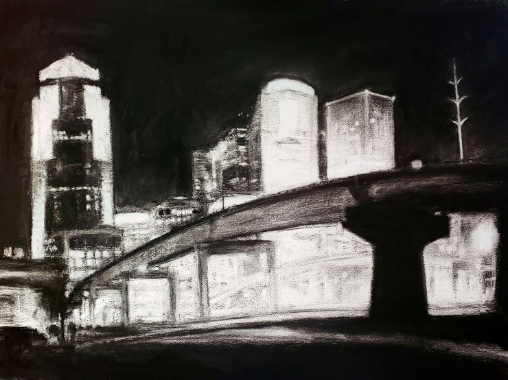 DSM Skyline #10, charcoal on paper, 2018